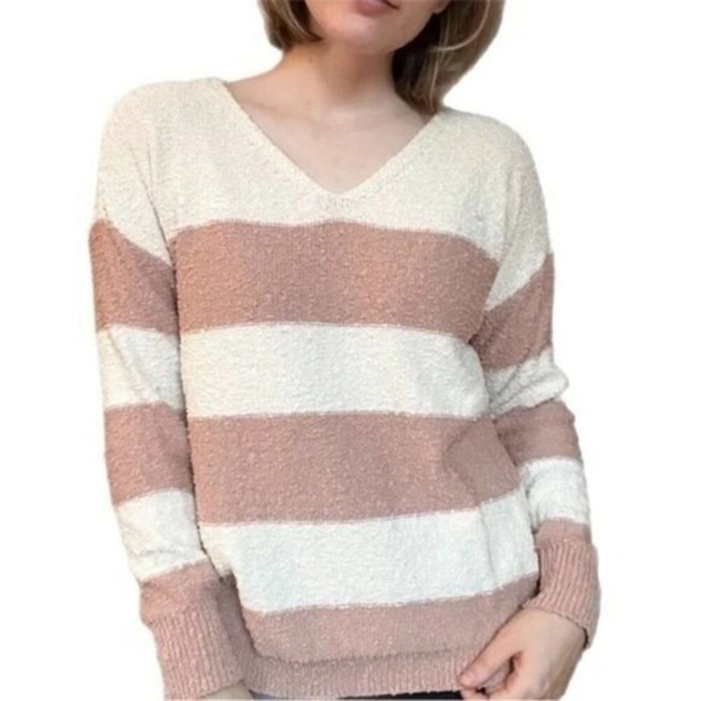 Knox Rose Pink‎ and White Color Block V Neck Sweater Size Small